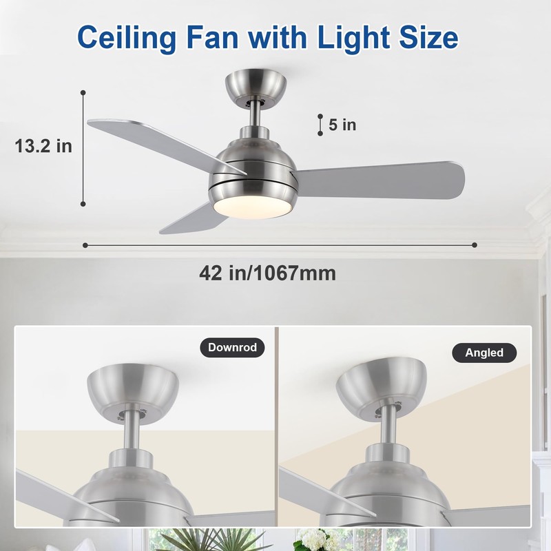 putroad 42 Inch Ceiling Fans with Lights, Modern Brushed Nickel