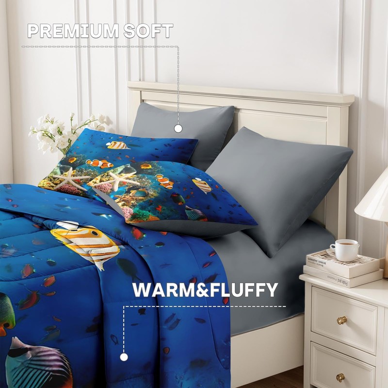 Queen Comforter Set with Sheets, 7 Pieces Underwater Sea Bedding
