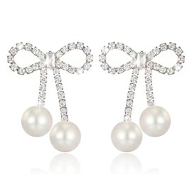 Bow Earrings for Women Trendy Sparkly Rhinestone Stud Earrings Bow Pearl Dangle Earrings Silver Jewelry Stocking Stuffers Womens Gifts for Christmas