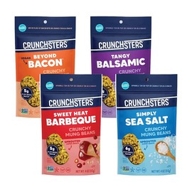 Crunchsters Sprouted Mung Beans, Plant-Based Protein Super-Snack and Salad Topper, Gluten-Free, Nut-Free, Vegan, 5g Protein/Serving or More, 4oz. Bags, Variety, 4-Pack