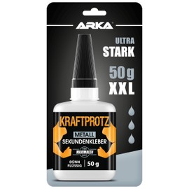 ARKA 50 g Sekundenkleber fr Metall & Aluminium extra stark - dnnflssiger Metallkleber wasserfest, hitzebest?ndig & Verschluss gegen Austrocknung - zum Verkleben von Metallen aller Art - ARKA Kraftprotz