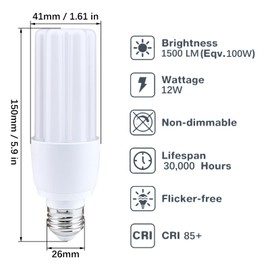 100 Watt LED Bulb Equivalent, CFL T2 LED Light Bulb, Daylight White 5000K, Energy Efficient 12W LED Bulb 1500 lumens, Non-dimmable, 2-Pack