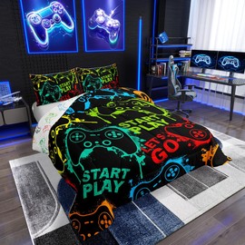 Full Bedding Sets for Boys Gaming Comforter Sets for Boys Kids Neon Gamer Comforter,Teen Child Gaming Room Decor,Soft Cool Video Game Graffiti Duvet Quilted 1 Comforter With 2 Pillow Cases,Gamer Gifts