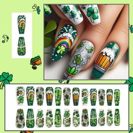 LBPEPAMZ 24Pcs St. Patrick's Day Press on Nails Medium Coffin Fake Nails with Four Leaf Clover Colorful Rainbow Designs Beer Green Full Cover Glossy Acrylic Nails False Nails Stick On Nails for Women
