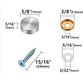 Mirror Screws Decorative Cap 16pcs Silver Color Cover 5/8"(16mm) Stainless Steel Advertising Hardware Screw Cap Cover Nails Decorative Mirror Screw Fasteners