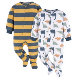 Gerber Baby Boy's Toddler Loose Fit Flame Resistant Fleece Footed Pajamas 2-Pack, Dinos & Wide Stripe, 18 Months