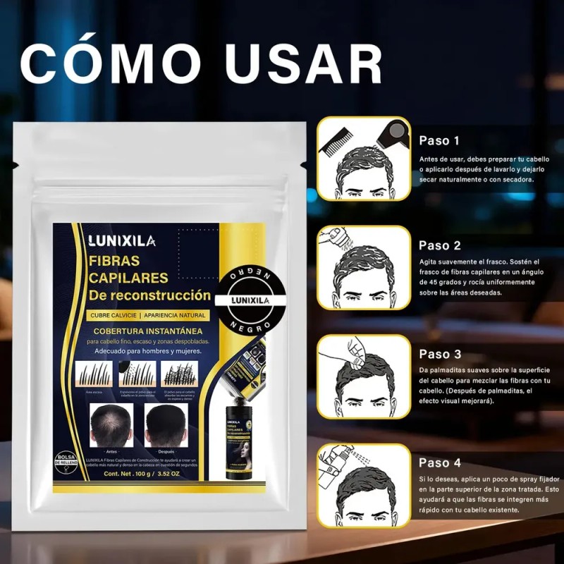 Lunixila Fibras Capilares 100g Relleno Cubre Calvicie Negro