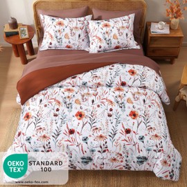 CASAAGUSTO Queen Comforter Set, 7 PCS White Floral Comforter Set with Terracotta Flowers Leaves Pattern, Soft Seersucker Design All Season Microfiber Queen Bedding Set(90"X90")