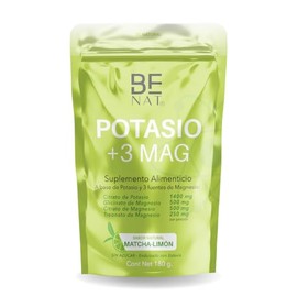 BE NAT | POTASIO Y MAGNESIO | Polvo de Alta absorción, Sabor natural Matchal limón 180 g | A base de Citrato de Potasio y 3 Magnesio: Glicinato,Citrat