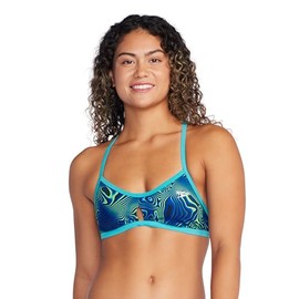 Speedo Women's Printed Tie Back Keyhole Bikini Swim Top - True Cobalt Neon Depths, Size Large