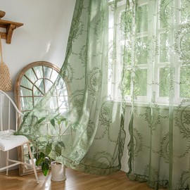 Sutuo Home Olive Green Lace Sheer Curtains 84 Inches Long for Bedroom Living Room Nursery,Rose Floral Embroidery Ruffled Vintage Chic Window Treatment Privacy Drapes, Rod Pocket,W57 x L84, 2 Panels