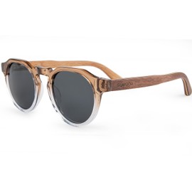 Proudly Canadian: Round Panto Sunglasses Mens & Women | Walnut-Maple-Walnut Wood Temples & Faded Beige Acetate Frame | Polarized UV400 Black Lenses | Women Sunglasses