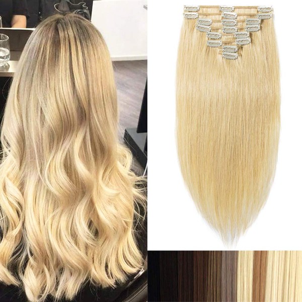 S-noilite Clip-In Real Hair Extensions, Natural Blonde Extensions, 8 Pieces, 18 Clips, 75 g - 25 cm (#24 Natural Blonde)