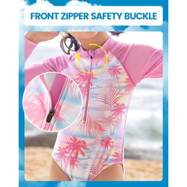 Angel season Girls Long Sleeve Swimsuits One Piece Rash Guard Bathing Suit UPF50+ Toddler Kids Zipper Swimwear Size 2-10, Pink Hawaiian, 6-7 Years