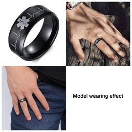 OIDEA Men's Ring Medzin Black: Unisex Women's Stainless Steel Band Ring Medical Alert ID Heart Gift for Men Women Retro Charm Size 54, Stainless Steel