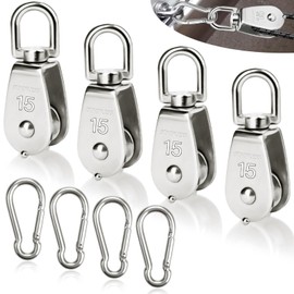 SWTYExt 8 Piece Pulley Set Includes 4 Pieces Pulley M15 & 4 Pieces Carabiner M4, Pulley for Ropes Stainless Steel Cable Pulley Load Capacity 35 kg for Awning Fitness Winch