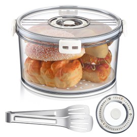 Baderke 8.86 Inches Airtight Bread Box with Stainless Steel Bread Tong Bun Storage Container Round Time Recording Pastry Keeper with Lid for Homemade Loaf Bagel Cookies Toast and Cupcakes