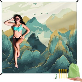 Beach Blanket Waterproof Sandproof Large Beach Mat 79" X 83" for 2-4 Adults Sand Free Mat Quick Drying,Lightweight & Durable with 4 Stakes & 4 Corner Pockets for Beach Travel Camping.(Mountain)
