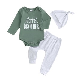 Ayalinggo Little Brother Newborn Outfit Baby Boy Lil Bro T Shirt Romper Long Pants Set Hat Infant little Summer Clothes (Dark Green, Newborn)