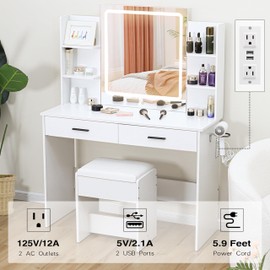 KAMABOKO Vanity Desk with Lighted Mirror, Makeup Vanity Table with 2 Drawers & Upholstered Stool, 3 Model Adjustable for Bedroom & Dressing Room
