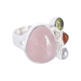 Natural Rose Quartz Carnelian Peridot Pearl Gemstone 925 Sterling Silver Bezel Setting Statement Ring SZ-x 1/2 FSJ-4060A Jewelry for Summer Events