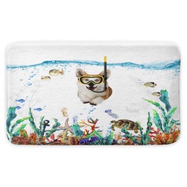 Funny Corgi Dog Bath Mat, Tropical Fish Coral Underwater Marine Life Bath Rug, Non Slip Bathroom Rug, Cool Dog Diving Bathroom Decor 17x29 Inch