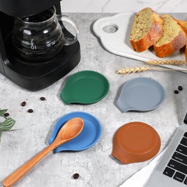 Koluti 4Pcs Silicone Coffee Spoon Rest, Small Spoon Coffee Stirrers Teaspoon Holder, Cute Spoon Buddy Coffee Accessories Countertop Bar Station Décor, 3.6”L x 3.5”W x 0.6”H, 4 Colors