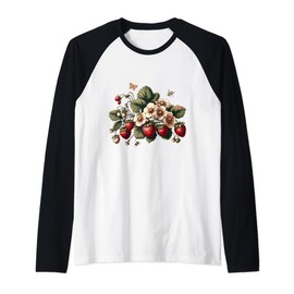 Vintage Strawberries With Bees Ladybug Butterfly Strawberry Raglan Baseball Tee