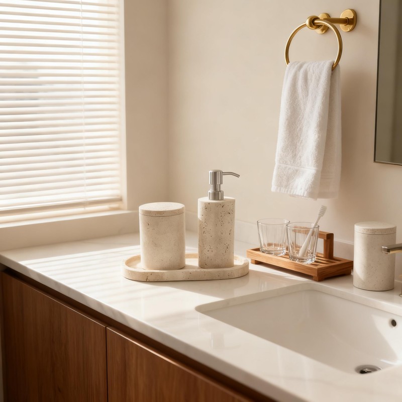 Jusmioke Natural Travertine Marble Soap Dispenser with Stainless Steel Pump,