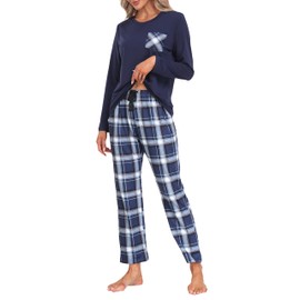 MoFiz Women's Pajama Set Long Pajama Bottom Sleepwear Pjs Nightwear Short Top Plaid59 M