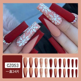 Christmas Press on Nails Long Coffin Fake Nails with Rhinestone Designs Red French tips Glue on Nails Snowflake Stick on Nails Glossy Reusable Xmas False Nails for Women Girls Winter Holiday Manicure