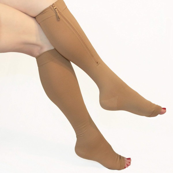 Compression Socks Zipper 20-30mmHg Knee-high, Open Toe. Size XL