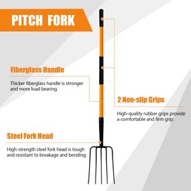 FORCOLID Pitch Fork-58 Inch，5-Tine Steel Garden Fork Heavy Duty, Mulch with Cushion Grip, Orange Fiberglass Handle