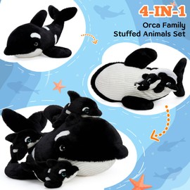 Tezituor Large Orca Stuffed Animal with 3 Babies Glow in The Dark, 23.6" Huggable Killer Whale Plush Toy Realistic Soft Ocean Animal Plushies Birthday Gifts for Boys Girls