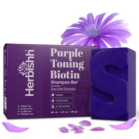 Herbishh Barra de champú o de acondicionador para cabello rubio con biotina, barra sólida para neutralizar los tonos cobrizos, fortalecer y agregar brillo, para cobertura de canas, cabello teñido y resaltado (Matizador Morado, Shampoo Bar)