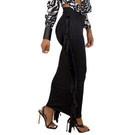 Lrady Women Fringe High Waist Bodycon Side Tassels Pencil Maxi Skirt Casual Party Club Long Skirts Black S