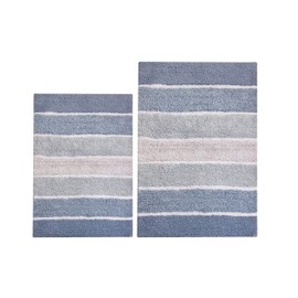 Chardin Home - 100% Pure Cotton - 2 Piece Cordural Stripe Bath Rug Set, (24''x40'' & 21''x34'') Blues with Latex Spray Non-Skid Backing