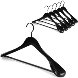 TOPIA HANGER Black Wooden Coat Hanger 6 Pack, Wide Shoulder Wood Suit Hangers with Extra-Thick Flat Hooks & Anti-Slip Pants Bar, Heavy Duty Clothes Hangers,Glossy Finish, Black-CT02H