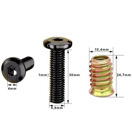 Pack of 10 M6 x 30 Screws, Flat Head Screws and Screw Nut Assortment Kit, Threaded Insert Wood, Screw Thread Nuts for Wooden Furniture