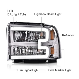 G-PLUS LED DRL Headlights, Compatible with 2005-2007 Ford F250 F350 F450 F550 Super Duty/2005 Excursion HeadLamps, Driver and Passenger Side, Clear lens Chrome Housing Amber Reflector