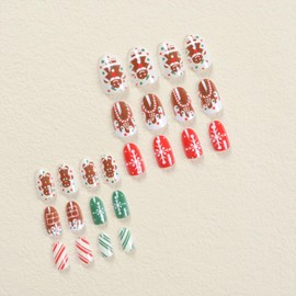 Christmas Press on Nails Short Almond Fake Nails with Gingerbread Man Designs Nails Press Ons Snowflake Glue on Nails Full Cover False Nails Christmas Acrylic Nails for Women 24Pcs