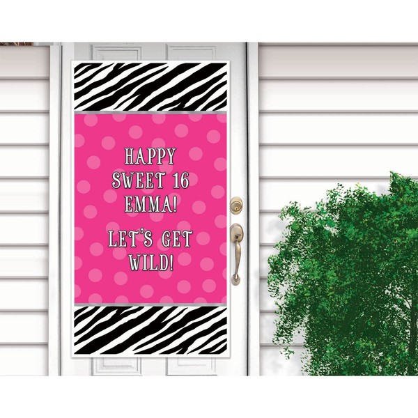Pink Polka Dots and Black and White Zebra Print Personalize It! Party Door Decoration (1 Piece), Multi Color, 65" x 33 1/2".