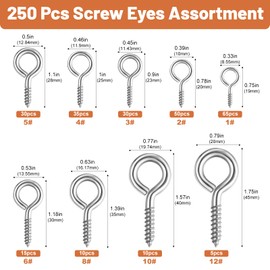 250 Pcs Screw Eyes, 304 Stainless Steel Eyelet Screw 0.75"-1.75" Eye Hook Screws 9 Size Heavy Duty Self Tapping Screws for Wood Picture Frame