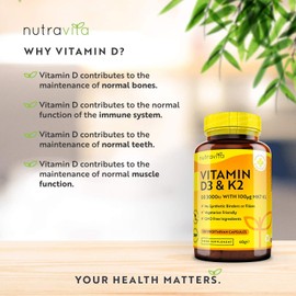 Vitamin D3 3000iu & K2 100ug (MK7) – 120 Vitamin D3 K2 Vegetarian Capsules – Supports Normal Bones, Muscles, Teeth and Immune System – Cholecalciferol & Menaquinone-7 – Made in The UK by Nutravita