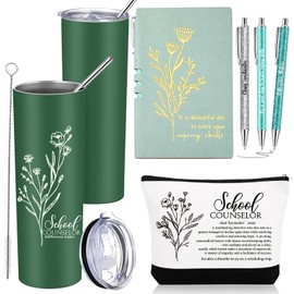 Funnymoom 6 Pcs School Counselor Appreciation Gift Set for Women Thank You Gifts 20 oz Boho Flower Tumbler Makeup Bag Journal Ballpoint High School Teacher Educator Work(Green, Counselor)