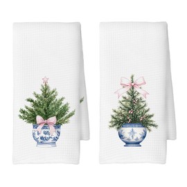 CUANFDDSF Chinoiserie Christmas Kitchen Towels Set of 2, Blue and White Chinoiserie Christmas Tree Decoration Tea Towel Kitchen Hand Towels for Bathroom, Preppy Xmas Bathroom Decor, 16x24 Inch