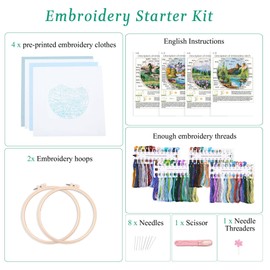 Harimau 4P Beginner Embroidery Kit,Floral Plant Pattern,Cross Stitch Kits, Including Stamped Embroidery Cloth with 2 Embroidery Hoops, Color Threads and Embroidery Kits