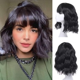 Leeven Natural Wavy Wig with Bangs Short Bob Wigs Women's Shoulder Length Wigs Colorful Loose Curly Wavy Wig Synthetic Cosplay Wig for Girl for Daily Party 12 Inch