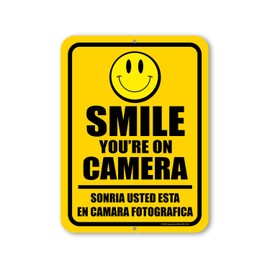 Honey Dew Gifts, Smile You're On Camera, 9 inch by 12 inch, English Español Bilingual Signs, Security Sign Spanish, Warning Security Camera Sign, Video Surveillance Sign, HDG-1525