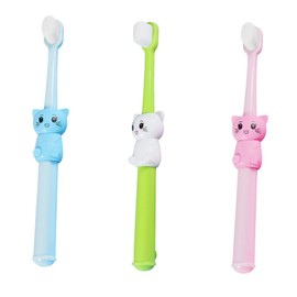BIUDECO 3pcs Cartoon Toothbrushes for Soft Bristles Teeth Cleaning Brush Green Pink Sky Blue Gentle Gums Fun Cat Design for Years Old Durable Care Tool